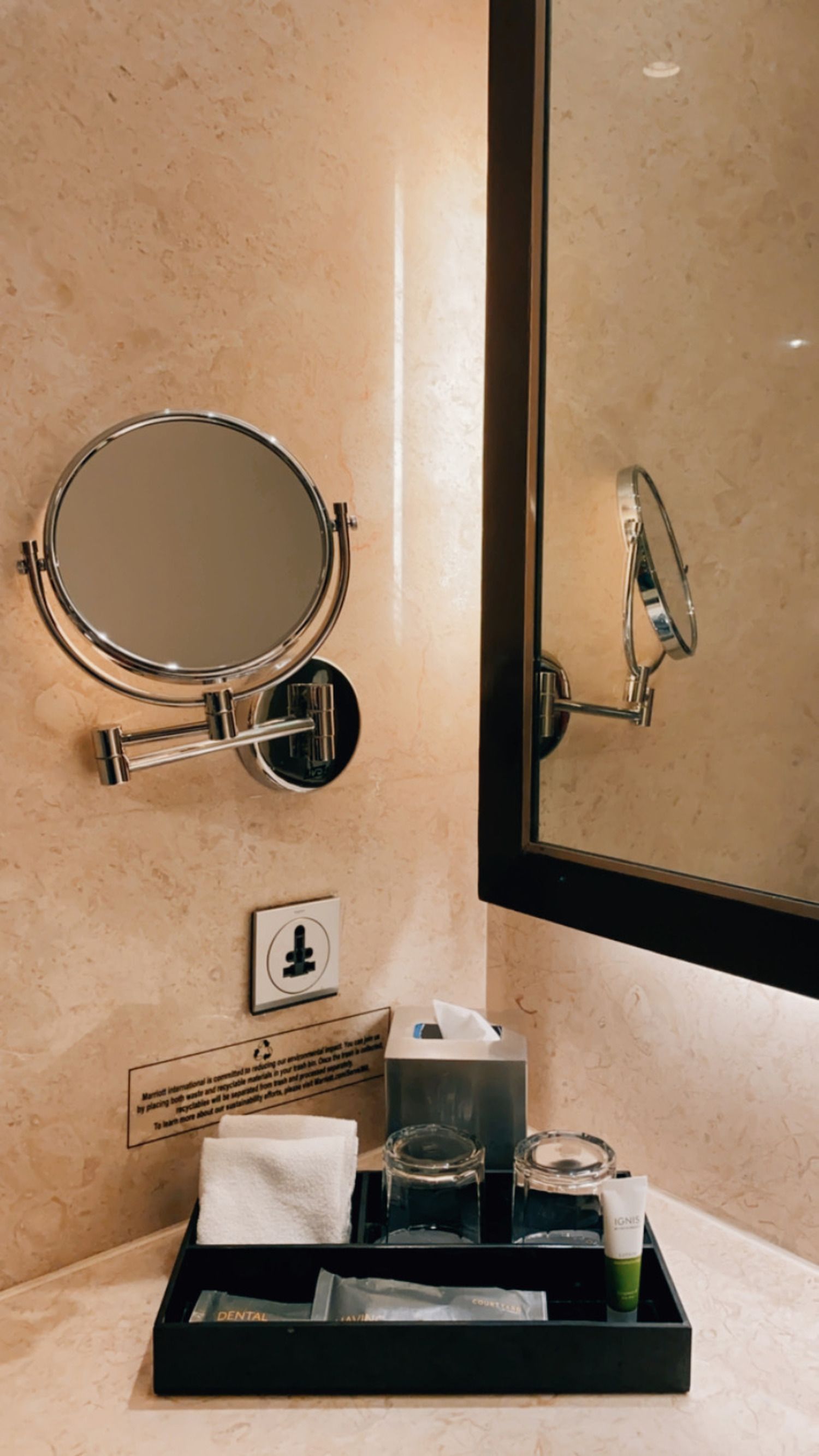 Hotel bathroom amenities displayed on a premium vanity